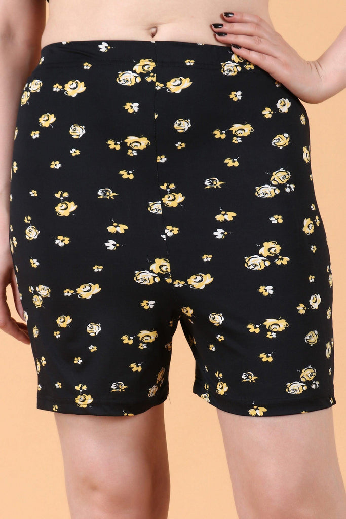 Model wearing Poly Lycra Shorts with Pattern type: Floral-1