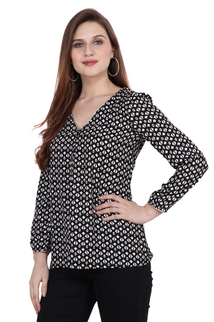 Model wearing Poly Crepe Top with Pattern type: Geometric-1