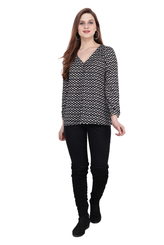 Model wearing Poly Crepe Top with Pattern type: Geometric-2