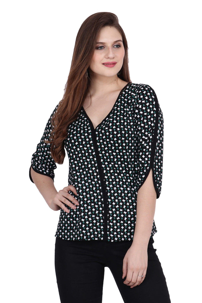 Model wearing Viscose Lycra Top with Pattern type: Graphic-1