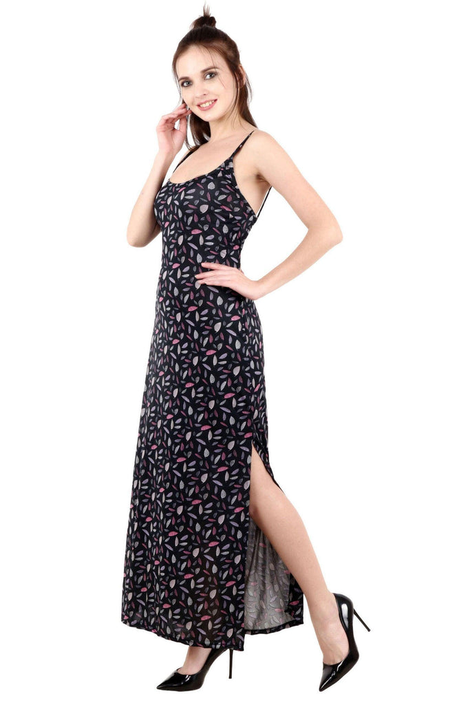 Model wearing Poly Lycra Maxi Dress with Pattern type: Leaf-1