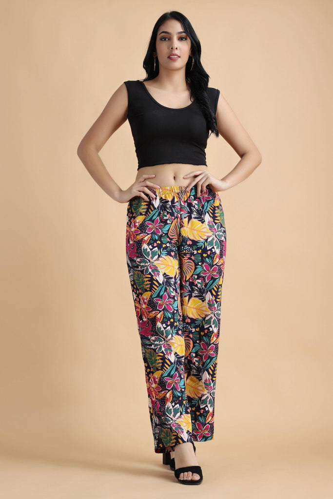 Model wearing Poly Crepe Pyjama with Pattern type: Floral-1
