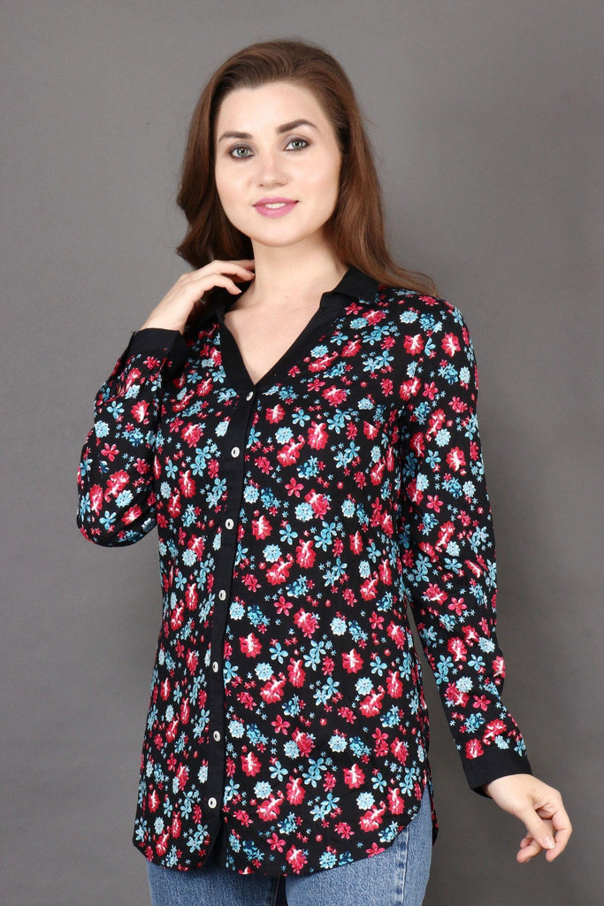 Model wearing Rayon Shirt with Pattern type: Floral-2