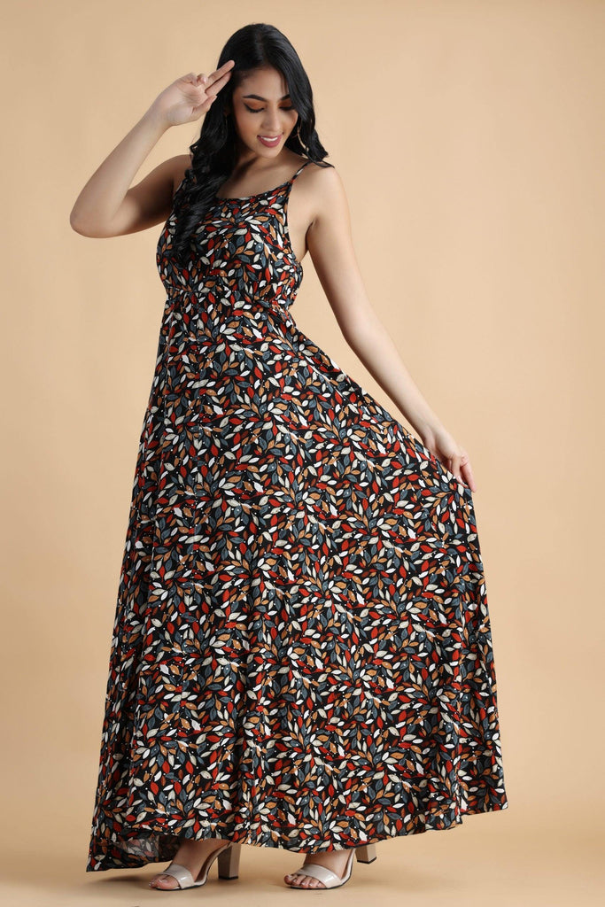 Model wearing Rayon Maxi Dress with Pattern type: Leaf-1