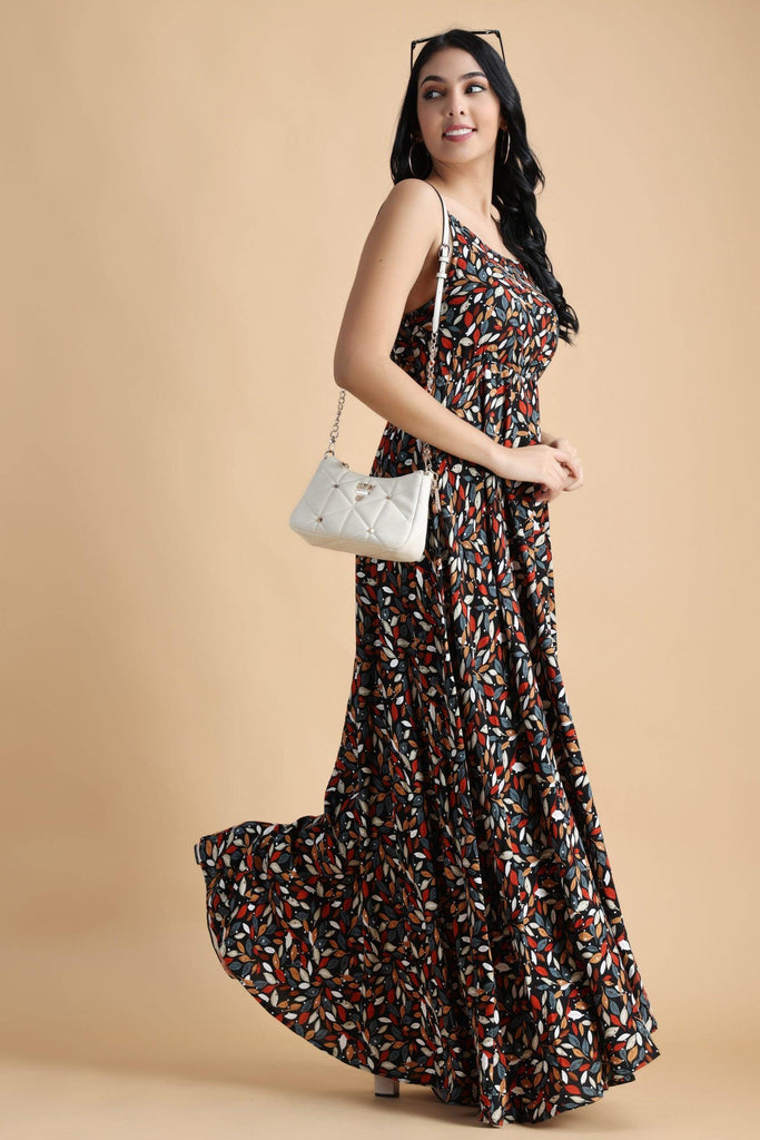 Model wearing Rayon Maxi Dress with Pattern type: Leaf-2