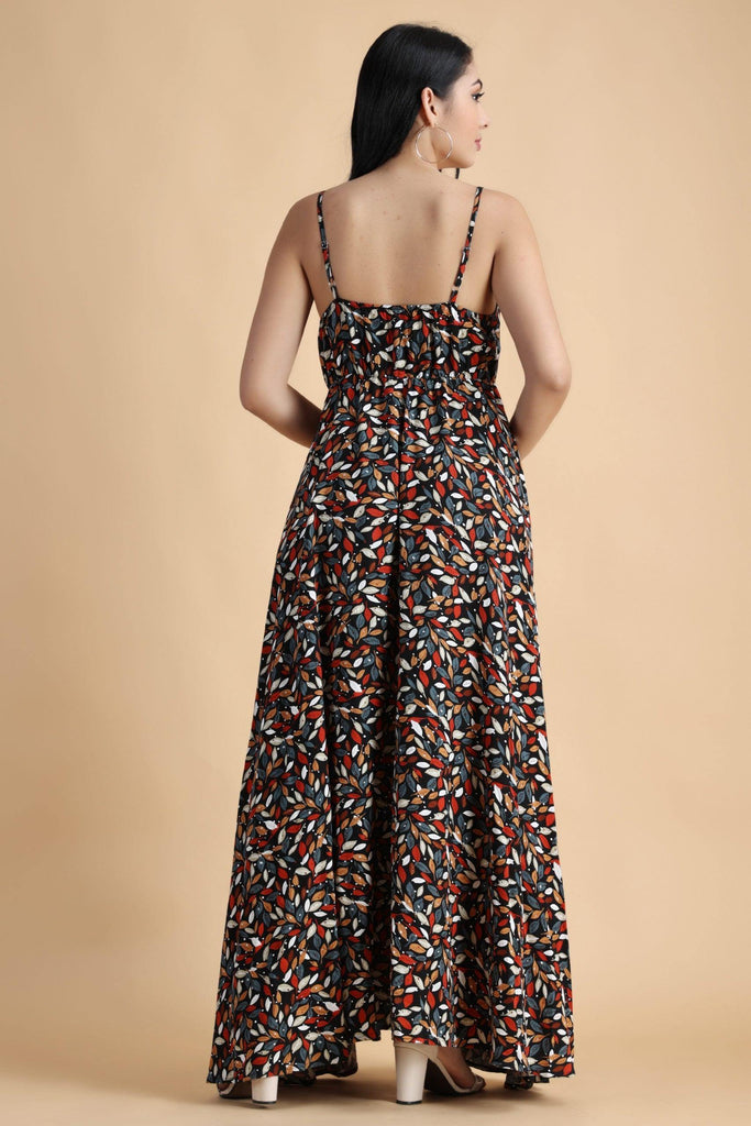Model wearing Rayon Maxi Dress with Pattern type: Leaf-3
