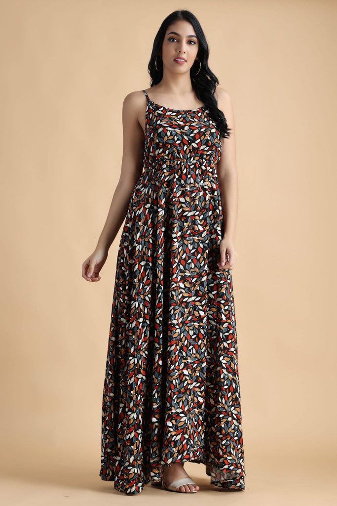 Model wearing Rayon Maxi Dress with Pattern type: Leaf-5