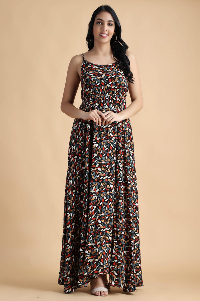 Model wearing Rayon Maxi Dress with Pattern type: Leaf-6
