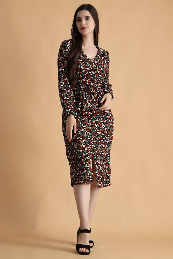 Model wearing Rayon Midi Dress with Pattern type: Leaf-1