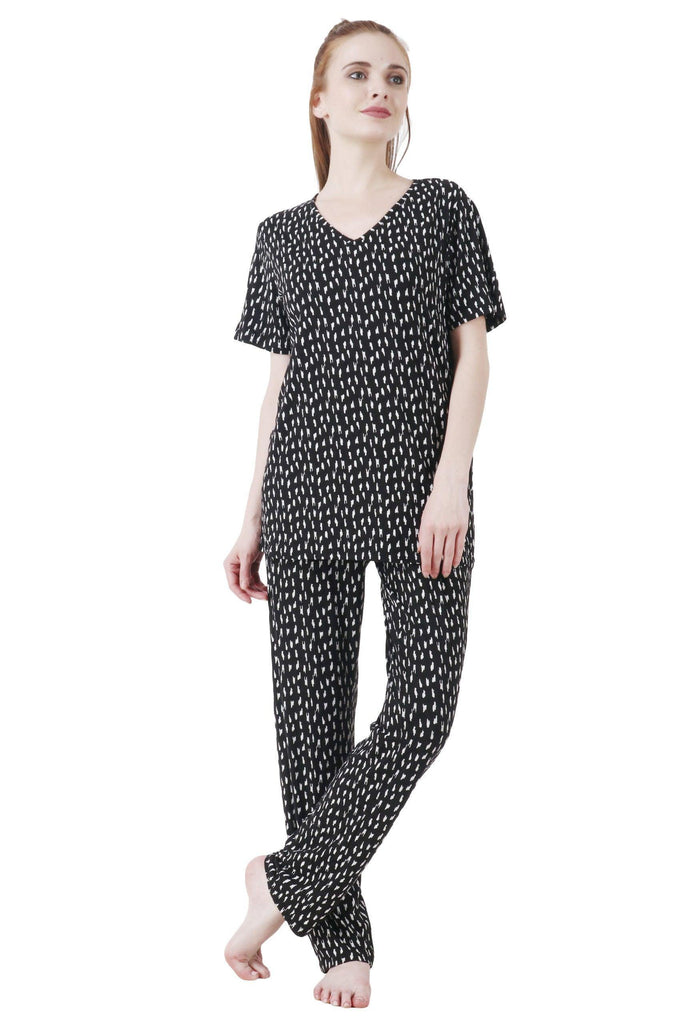 Model wearing Cotton Lycra Night Suit Set with Pattern type: Rain-1