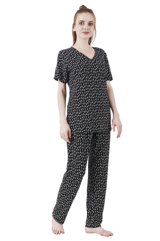 Model wearing Cotton Lycra Night Suit Set with Pattern type: Rain-2