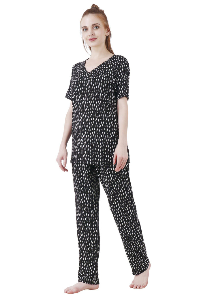 Model wearing Cotton Lycra Night Suit Set with Pattern type: Rain-3