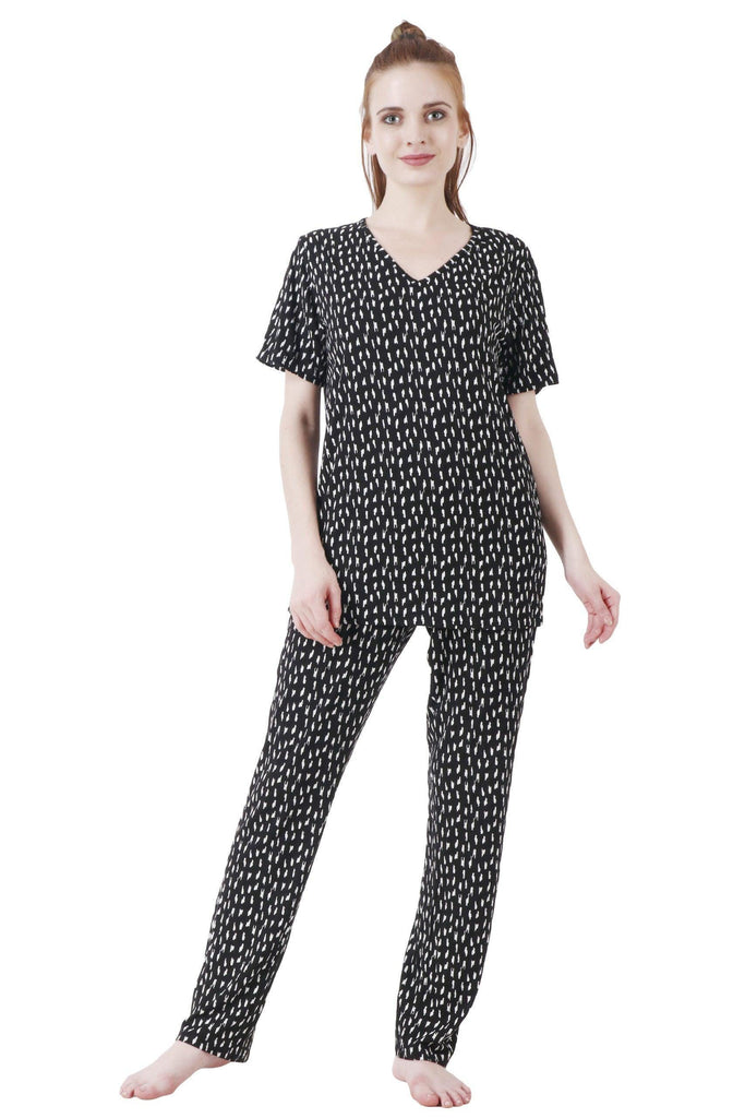 Model wearing Cotton Lycra Night Suit Set with Pattern type: Rain-5