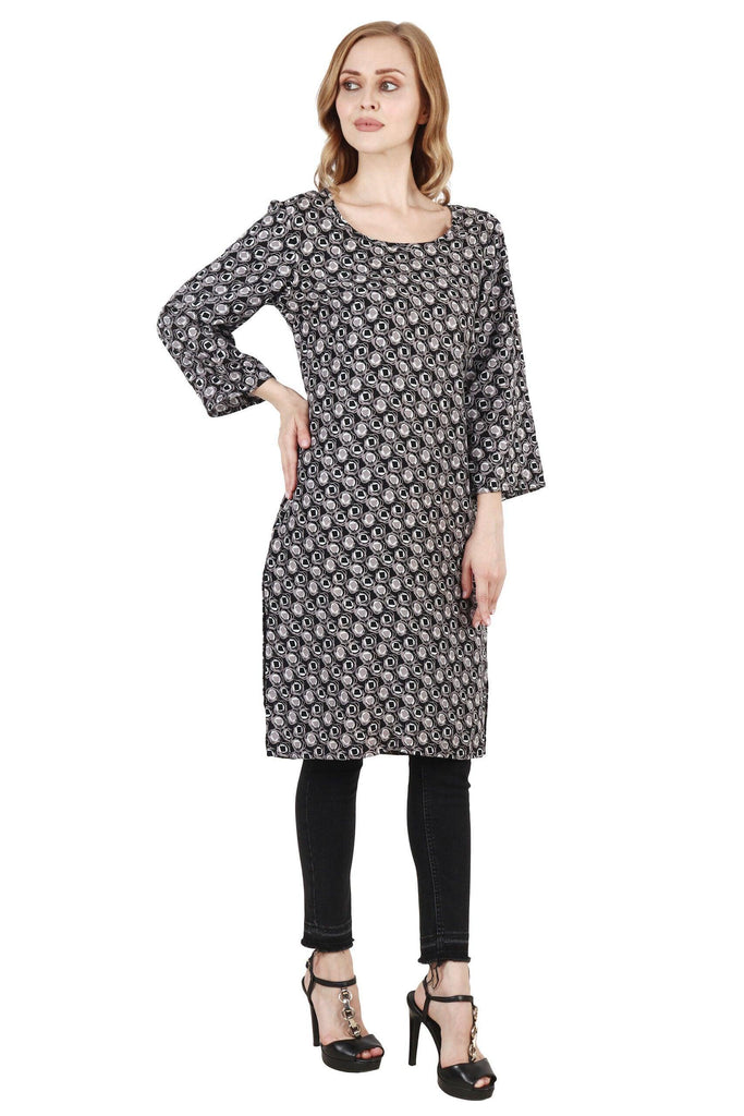Model wearing Rayon Tunic with Pattern type: Graphic-1