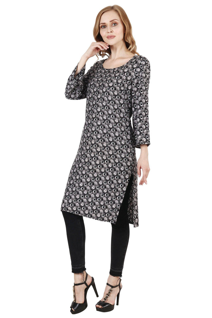 Model wearing Rayon Tunic with Pattern type: Graphic-2