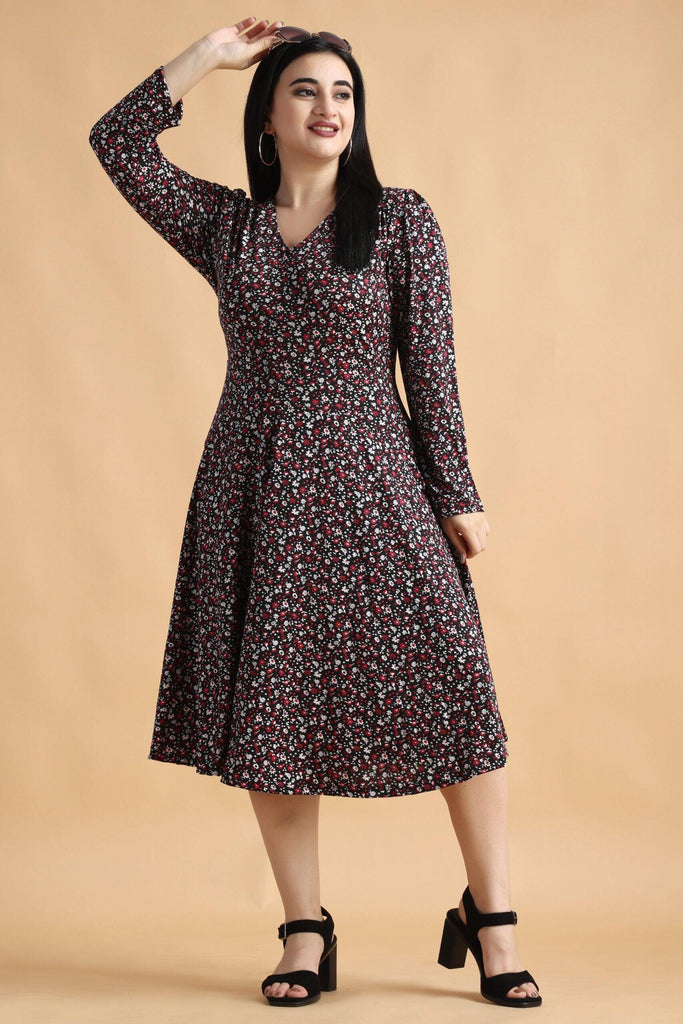 Model wearing Poly Lycra Midi Dress with Pattern type: Floral-1
