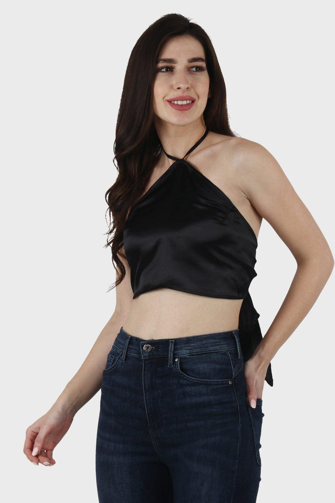 Model wearing Satin Crop Top with Pattern type: Solid-1