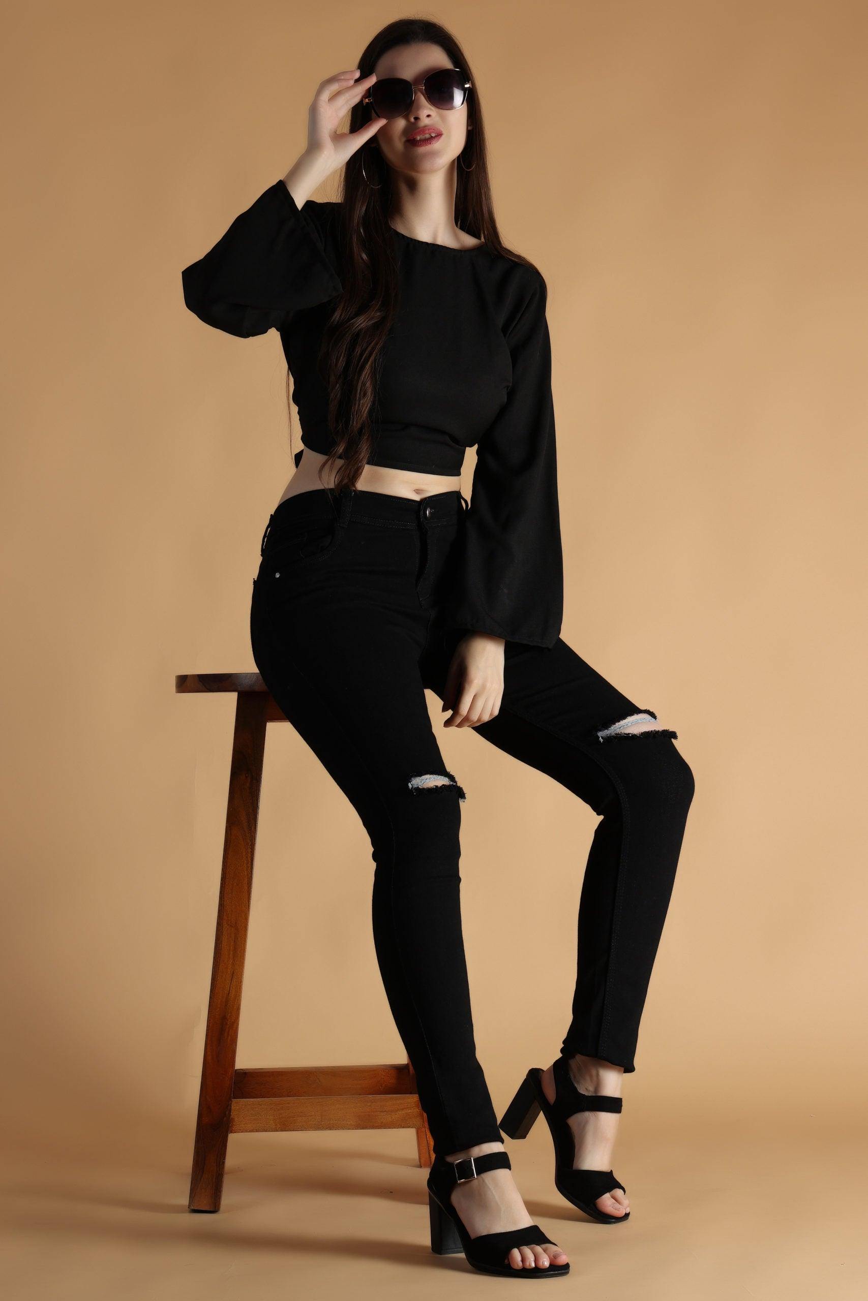 Party-ready Long Sleeve Georgette Crop Top with Bell Sleeves and