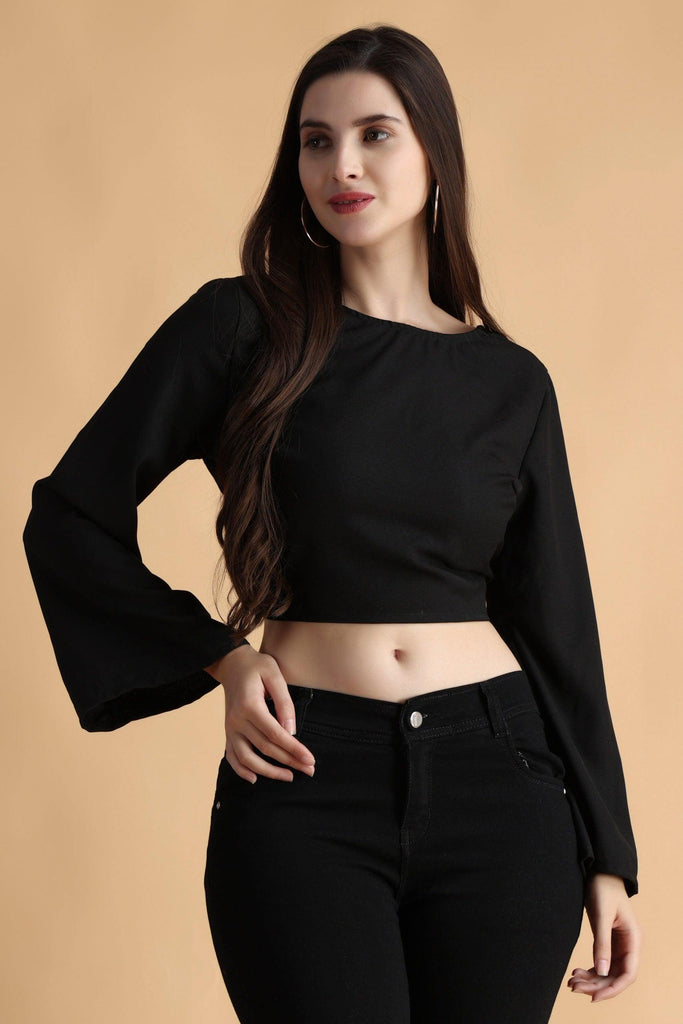 Model wearing Polyster Georgette Crop Top with Pattern type: Solid-5