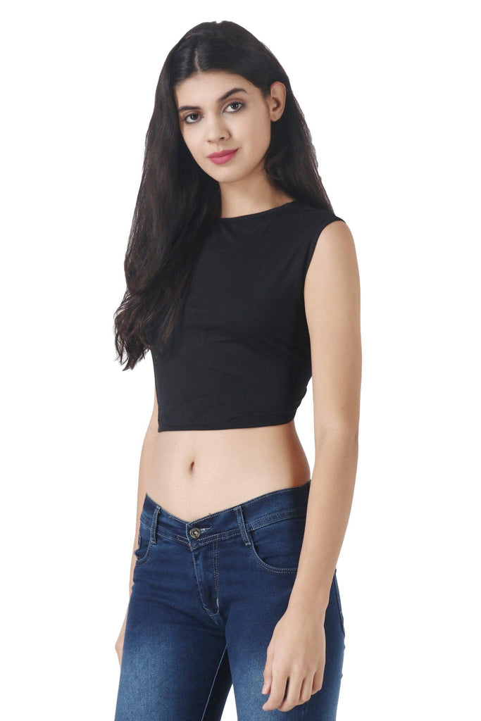 Model wearing Viscose Lycra Crop Top with Pattern type: Solid-4