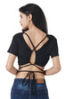 Black Solid Criss Cross Back Tie Top with Sleeves