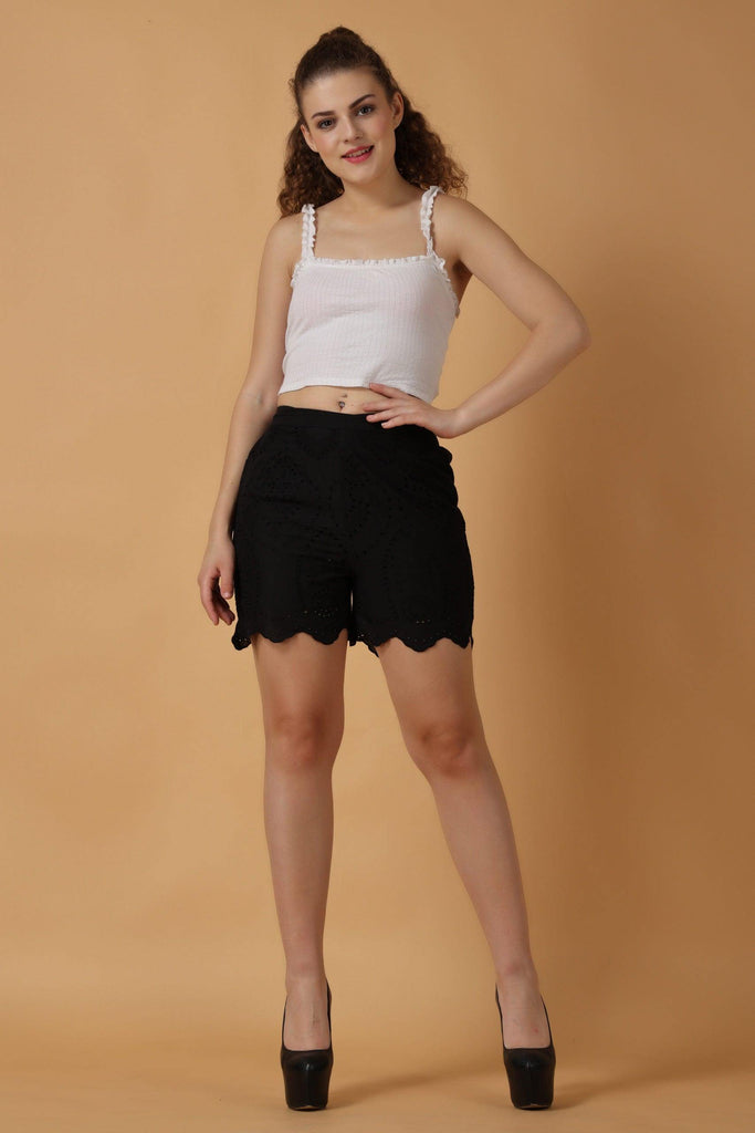 Model wearing Cotton Shorts with Pattern type: Solid-2