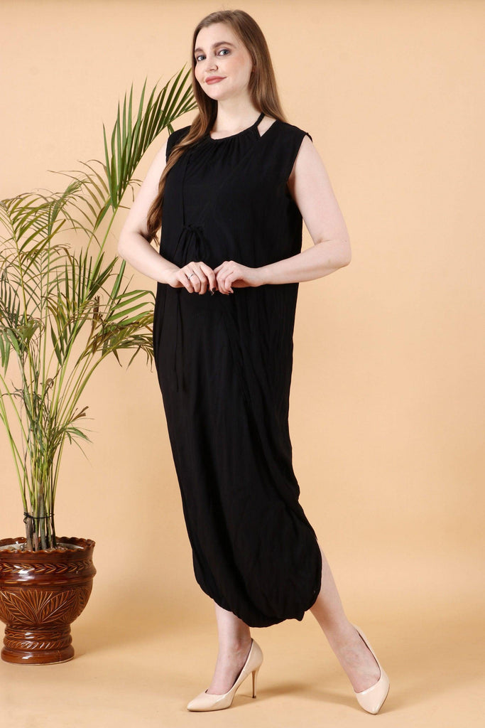 Model wearing Rayon Jumpsuit with Pattern type: Solid-4