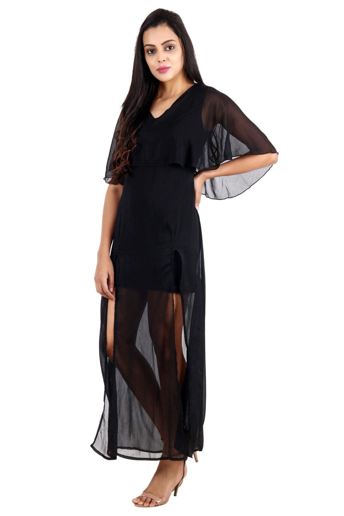 Model wearing Polyster Chiffon Maxi Dress with Pattern type: Solid-3