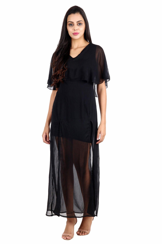 Model wearing Polyster Chiffon Maxi Dress with Pattern type: Solid-5