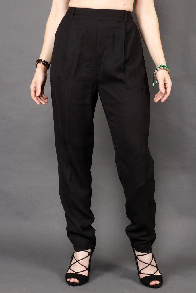 Model wearing Poly Crepe Trousers with Pattern type: Solid-5