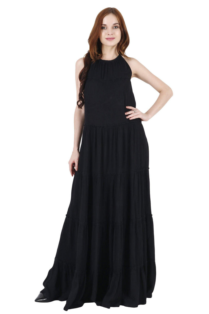 Model wearing Viscose Crepe Maxi Dress with Pattern type: Solid-5