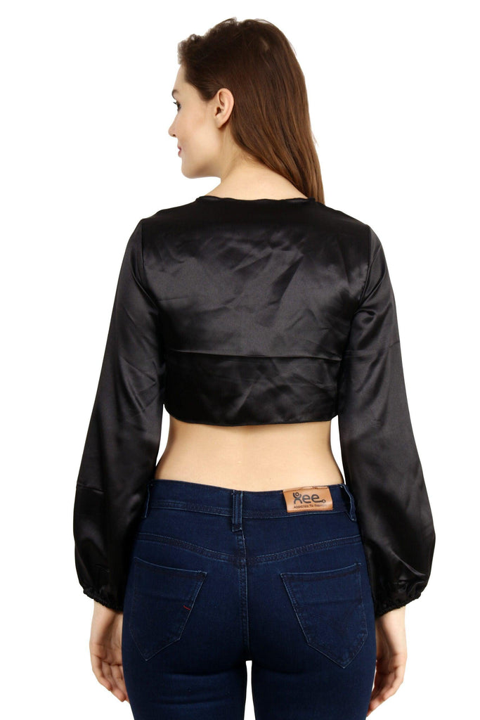 Model wearing Satin Crop Top with Pattern type: Solid-2