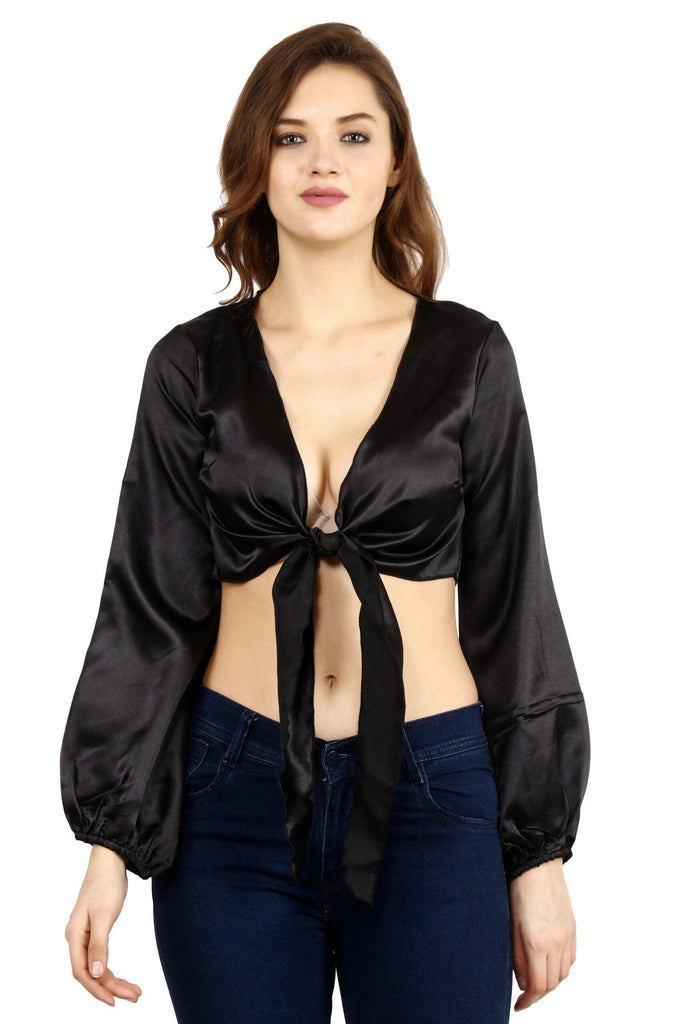 Model wearing Satin Crop Top with Pattern type: Solid-4