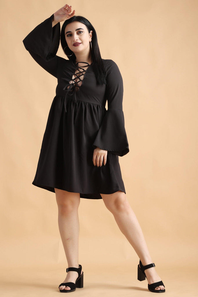 Model wearing Poly Crepe Mini Dress with Pattern type: Solid-5