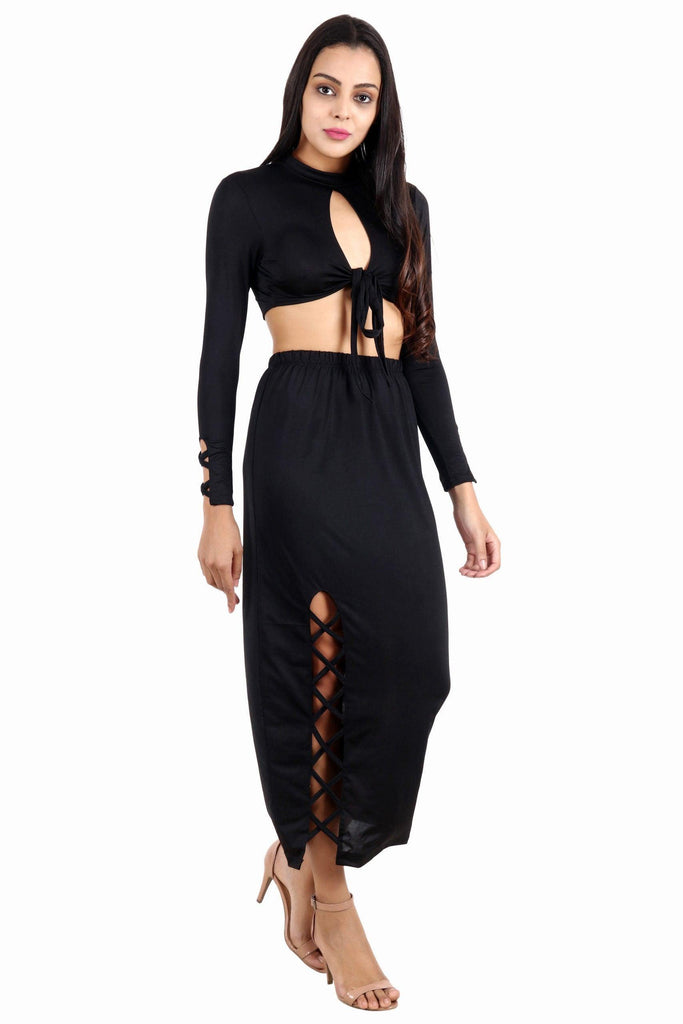 Model wearing Viscose Lycra Co-ord Set with Pattern type: Solid-1