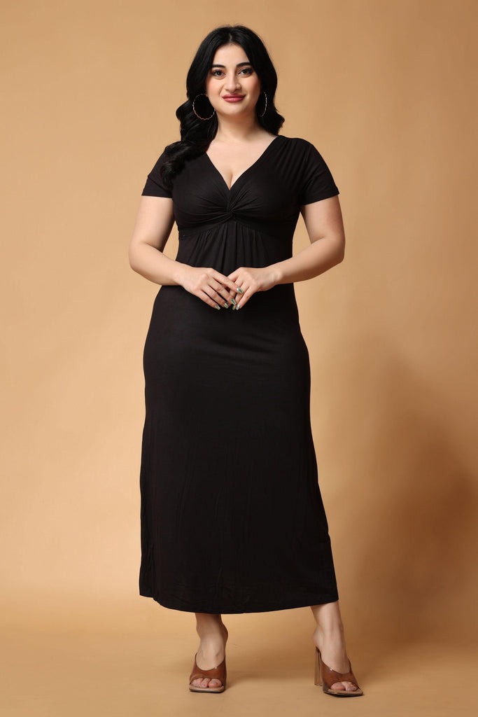 Model wearing Viscose Lycra Maxi Dress with Pattern type: Solid-3