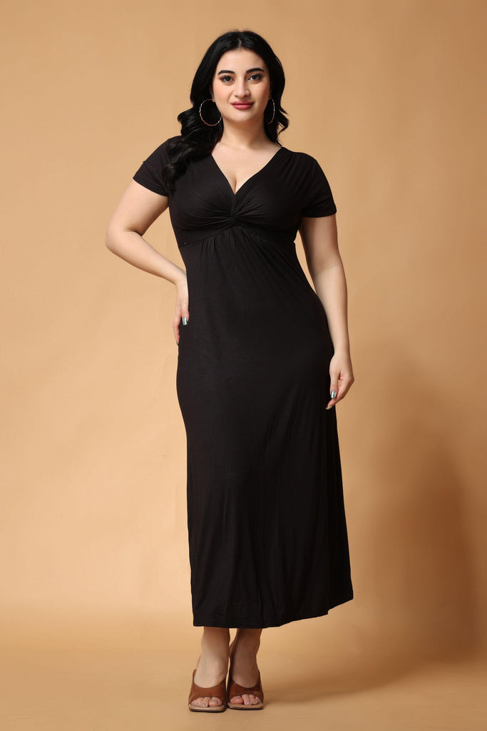 Model wearing Viscose Lycra Maxi Dress with Pattern type: Solid-4