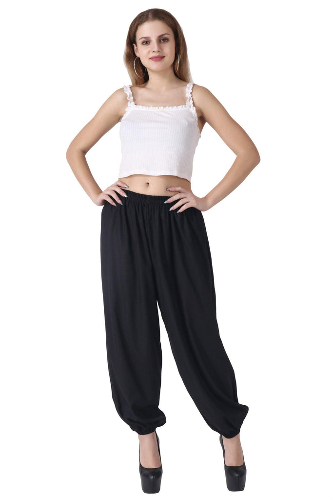 Model wearing Rayon Harem Pants with Pattern type: Solid-2