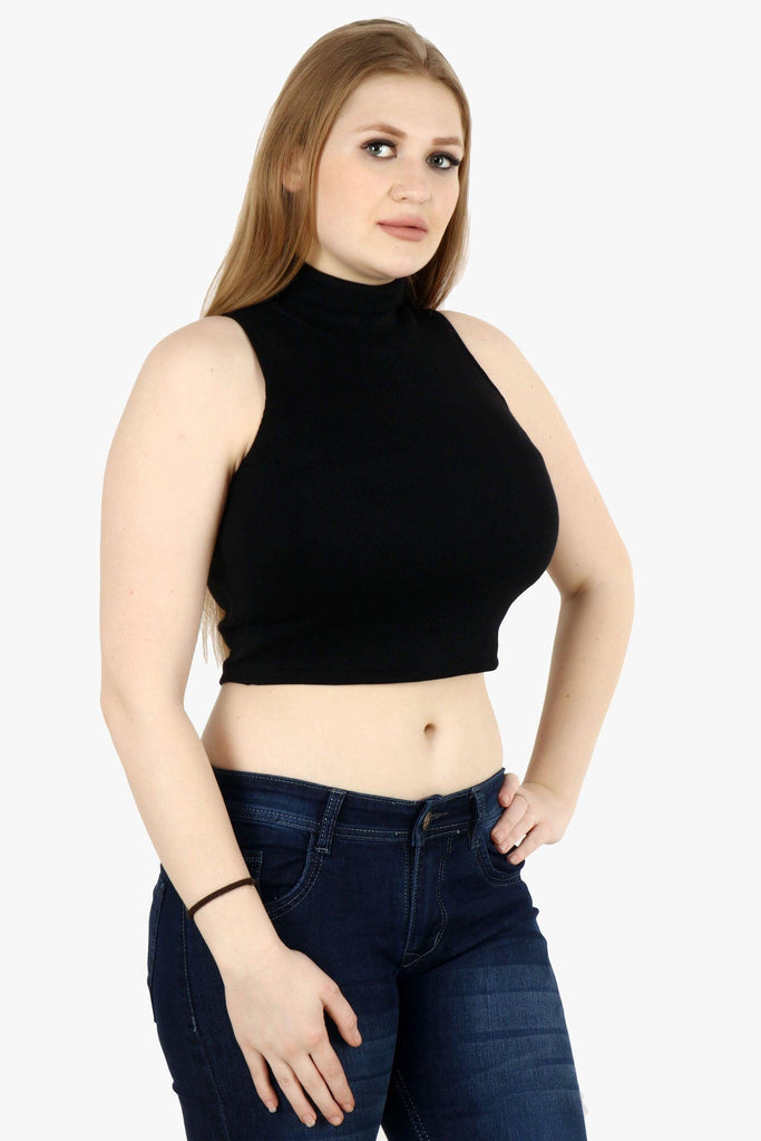 Model wearing Viscose Lycra Crop Top with Pattern type: Solid-3