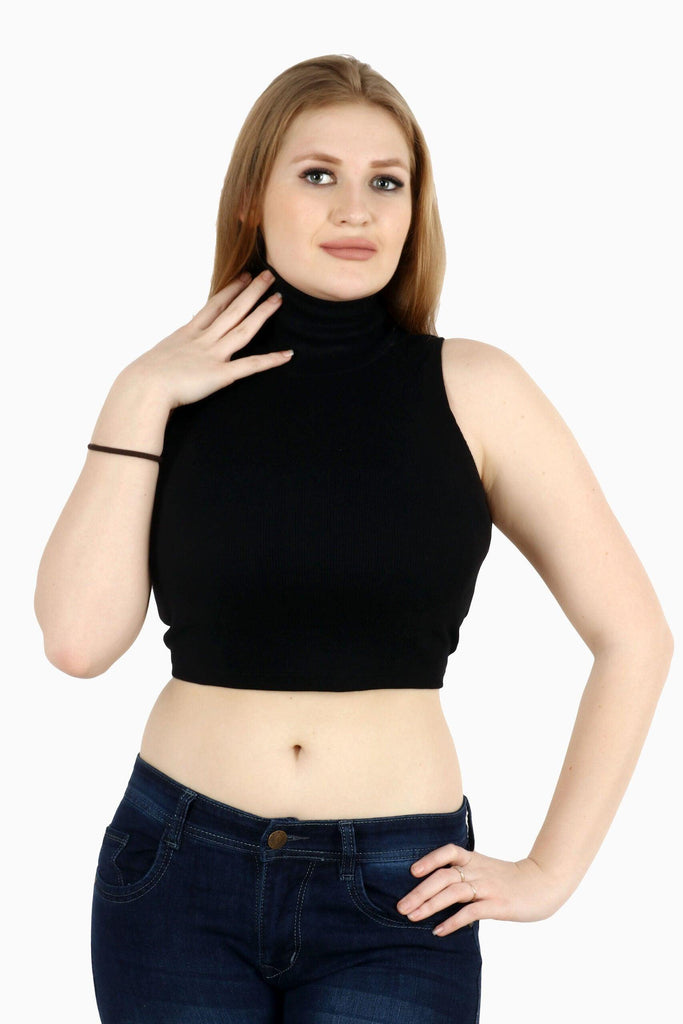 Model wearing Viscose Lycra Crop Top with Pattern type: Solid-7