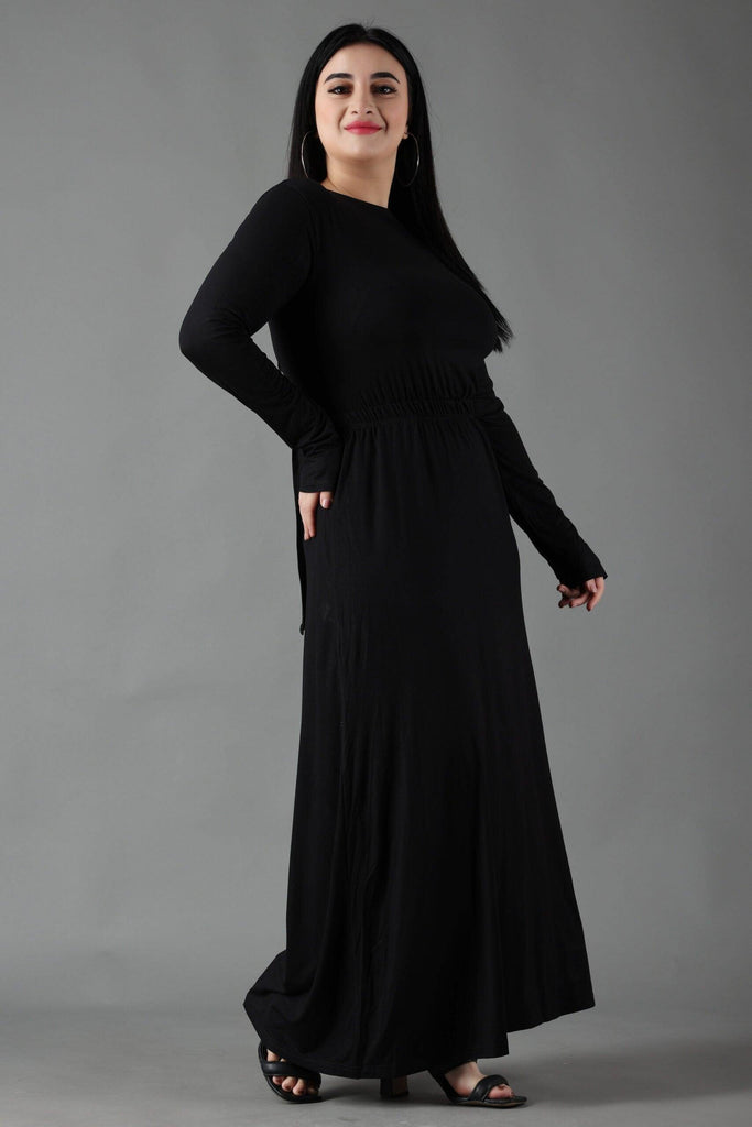 Model wearing Viscose Lycra Maxi Dress with Pattern type: Solid-5