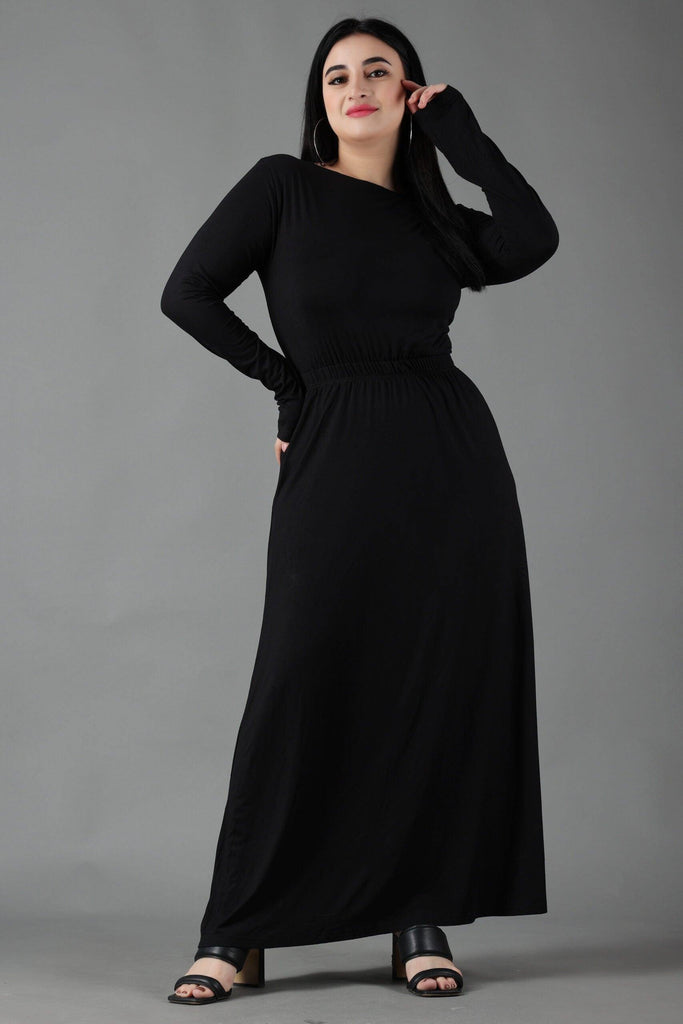 Model wearing Viscose Lycra Maxi Dress with Pattern type: Solid-7