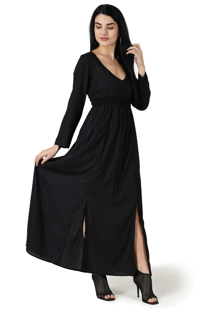 Model wearing Rayon Maxi Dress with Pattern type: Solid-1
