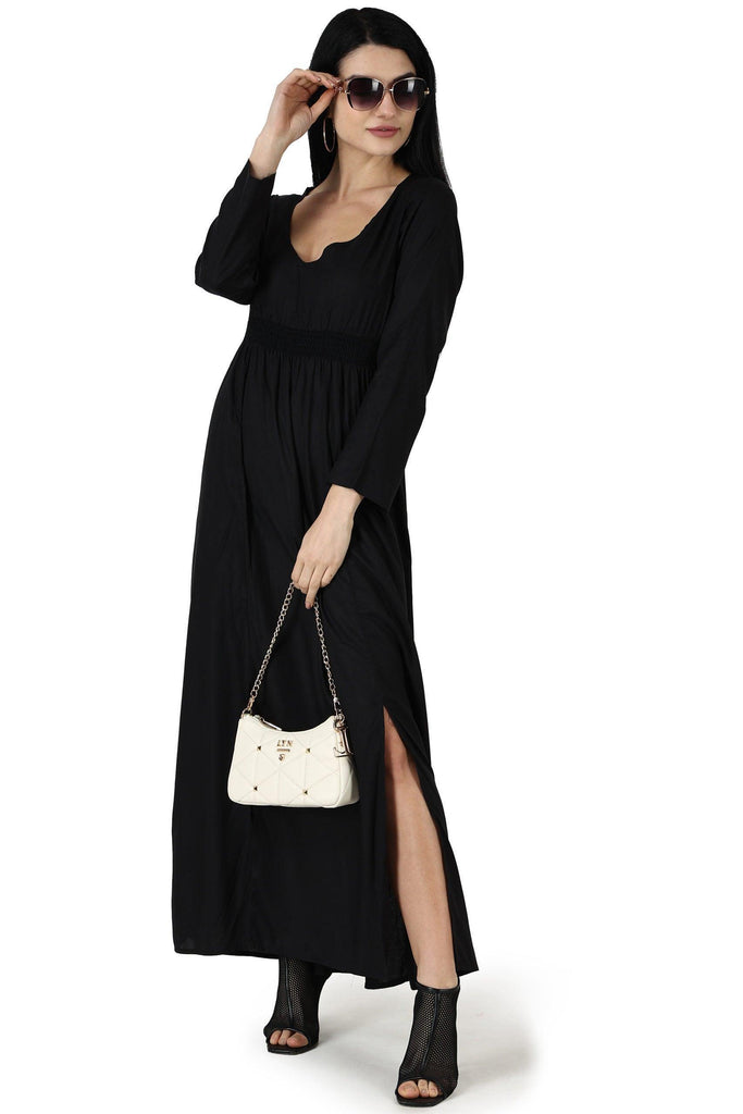 Model wearing Rayon Maxi Dress with Pattern type: Solid-2
