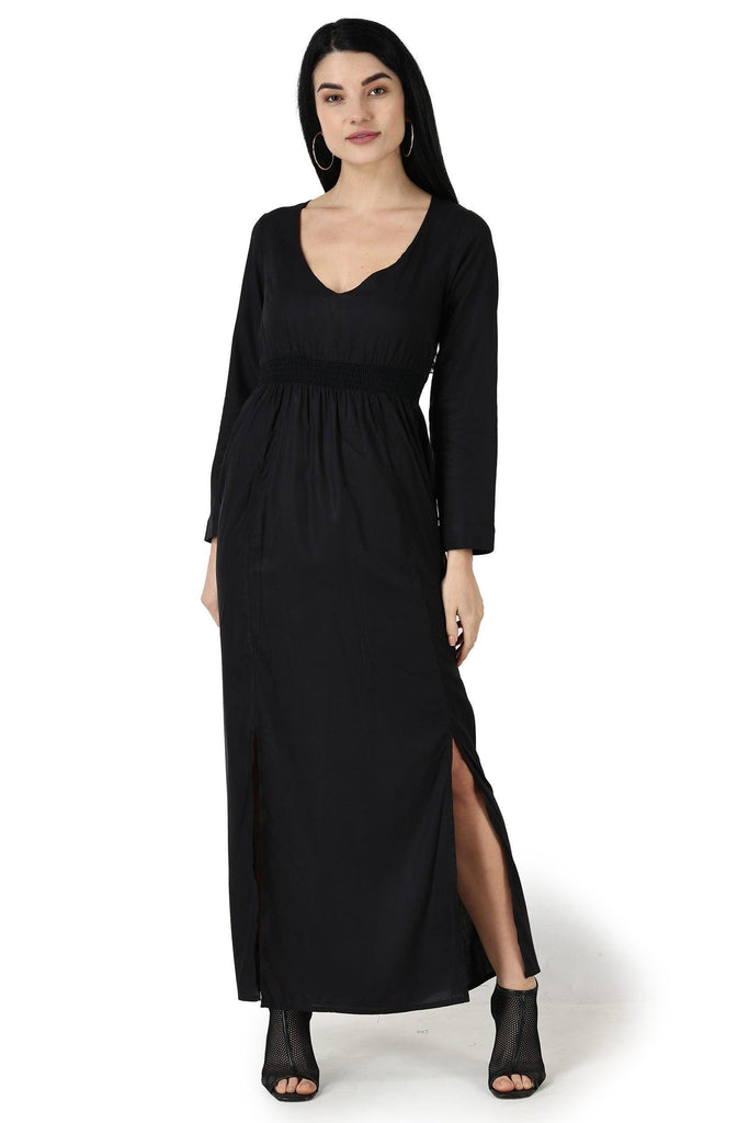 Model wearing Rayon Maxi Dress with Pattern type: Solid-3