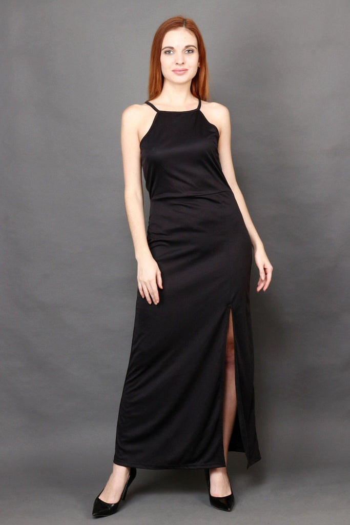 Model wearing Poly Lycra Maxi Dress with Pattern type: Solid-6