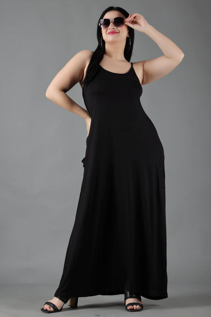 Model wearing Viscose Lycra Maxi Dress with Pattern type: Solid-2