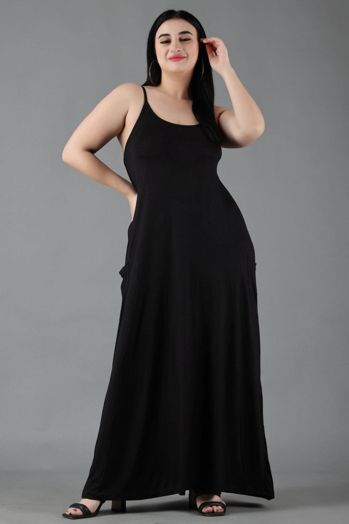 Model wearing Viscose Lycra Maxi Dress with Pattern type: Solid-5