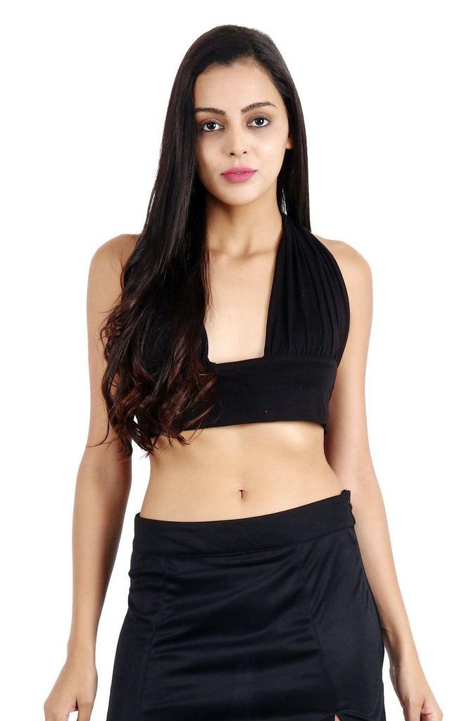 Model wearing Viscose Lycra Crop Top with Pattern type: Solid-1