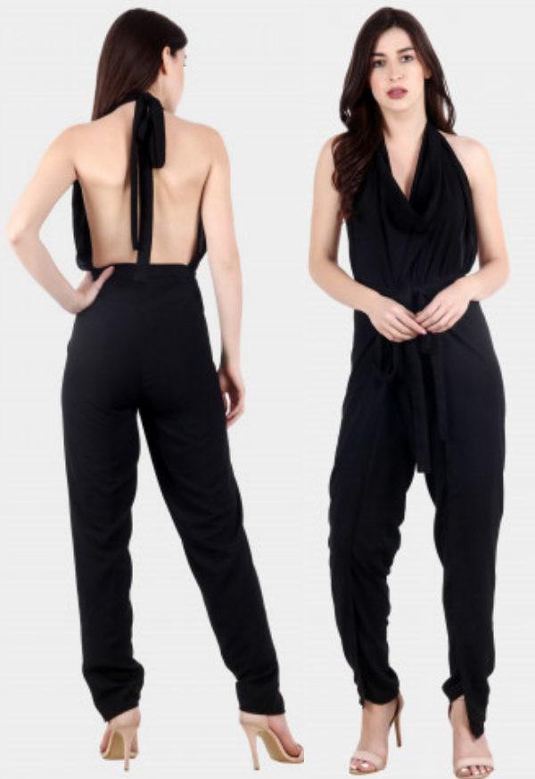 Model wearing Polyester Jumpsuit with Pattern type: Solid-1